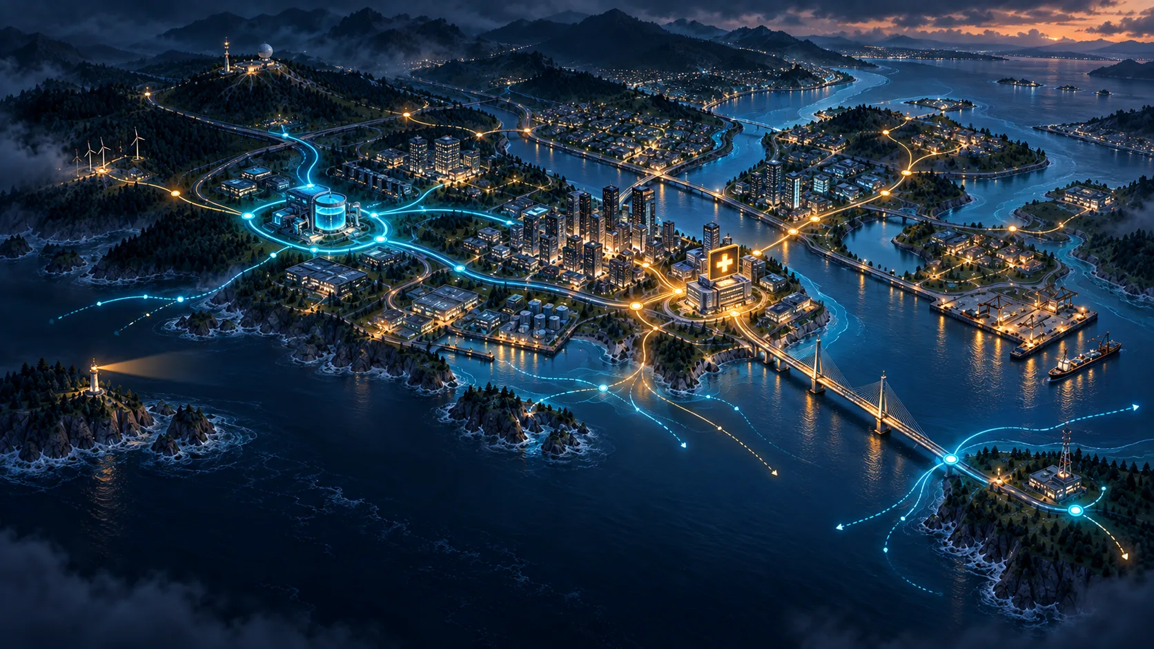 A storm-lit city map with intervention signals