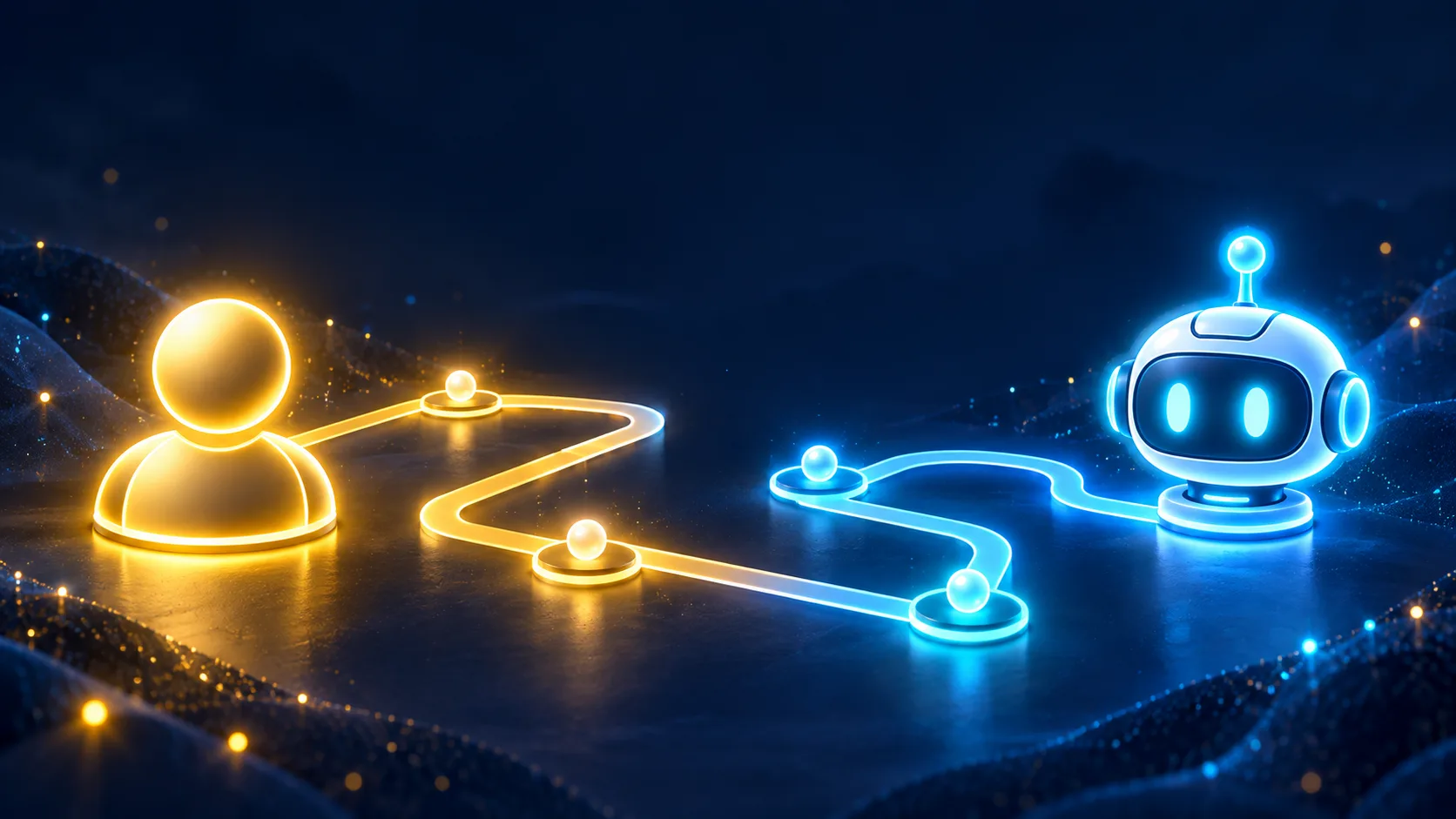 A gold human agent and cyan robot navigating a luminous continuity maze